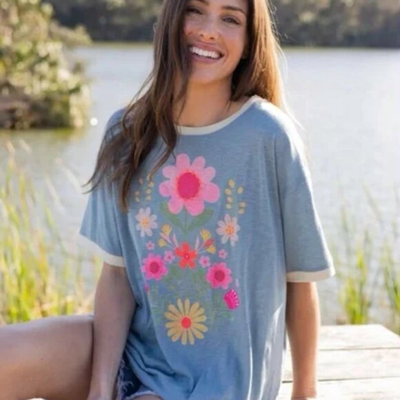 NWT - NATURAL LIFE - Ringer Oversized East Tee - Blue Folk Flower - Picture 1 of 1